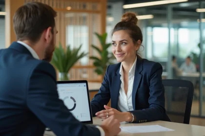 Responsable RH à son bureau d'accueil en entreprise, conseillant un collaborateur devant un écran de gestion des ressources humaines