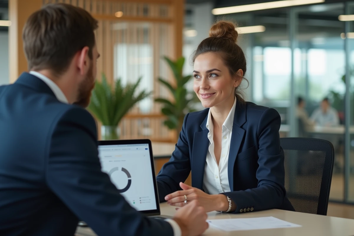 Responsable RH à son bureau d'accueil en entreprise, conseillant un collaborateur devant un écran de gestion des ressources humaines