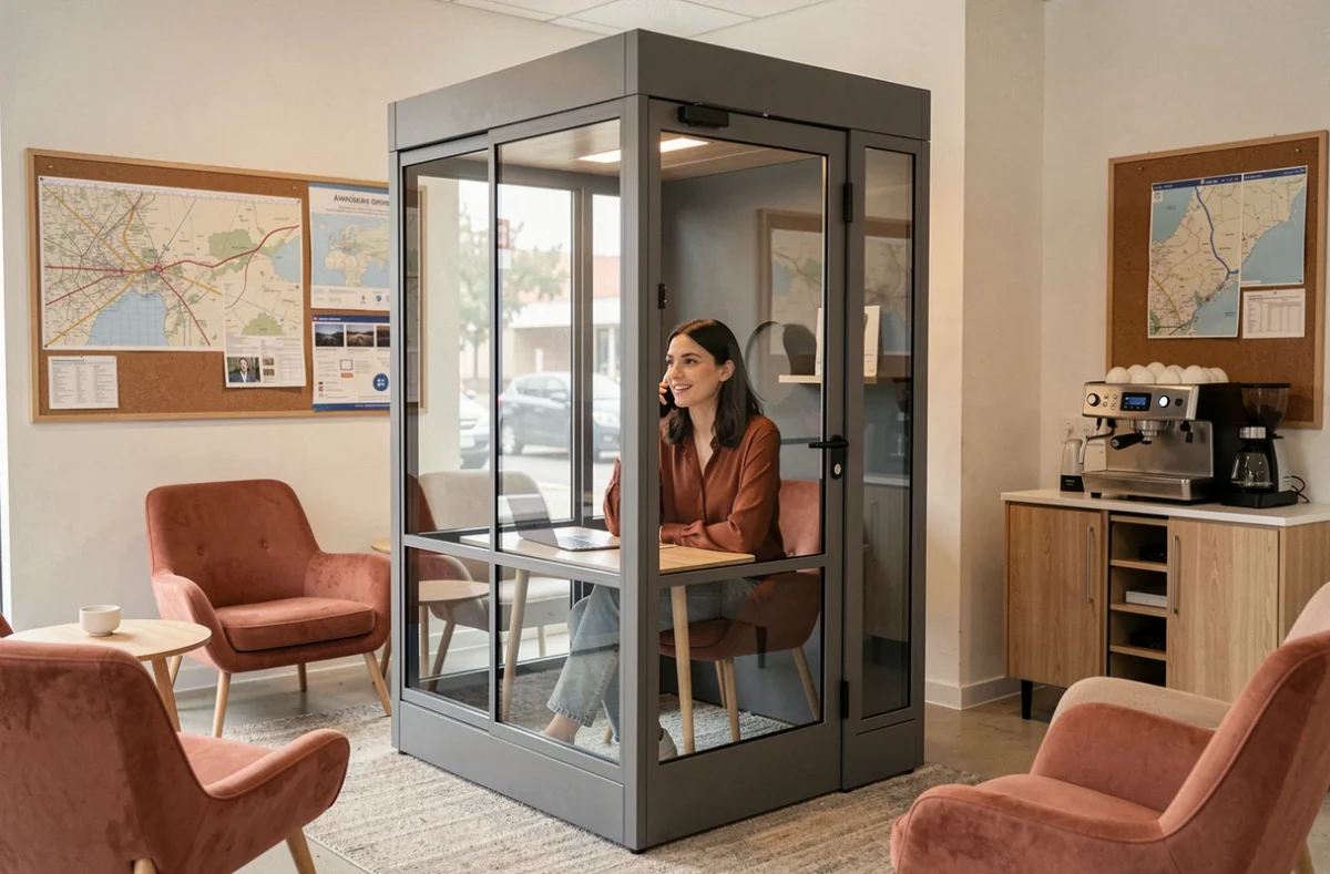 Cabine téléphonique insonorisée dans un espace de coworking à Orly avec une femme en visioconférence professionnelle