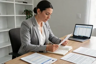 Femme en blazer gris calculant son taux horaire brut net sur des fiches de paie à son bureau