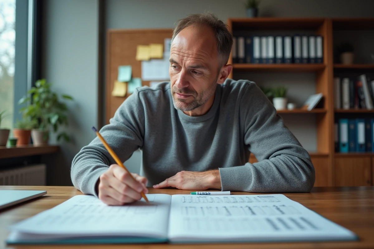 Homme en télétravail consultant un calendrier 2026 imprimé pour estimer ses jours ouvrés et son salaire net annuel