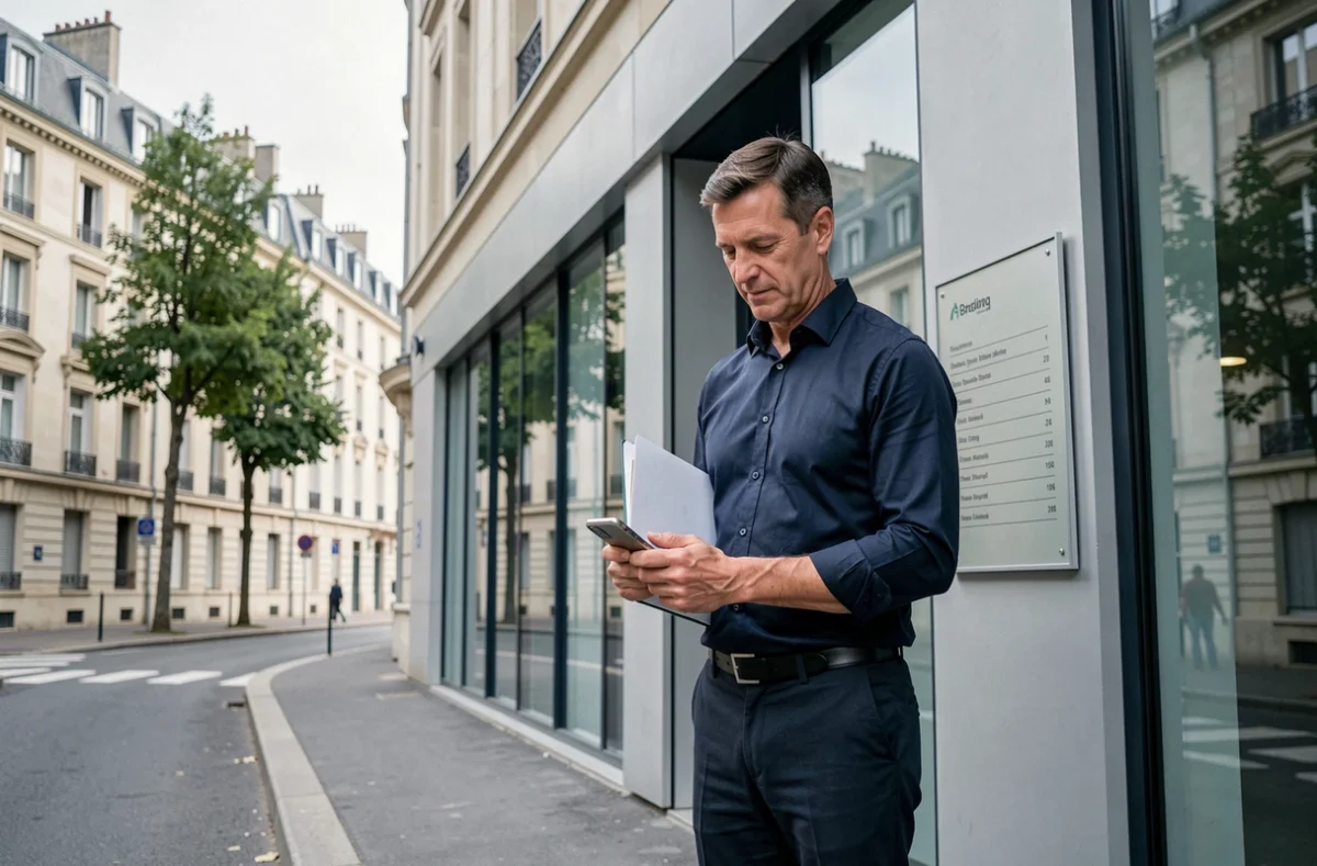 Chef d'entreprise devant un centre de domiciliation commerciale dans le centre-ville d'Orléans