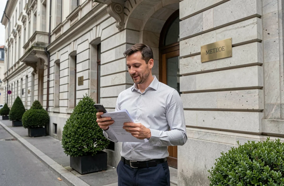 Entrepreneur tenant des documents administratifs devant un centre d'affaires à Metz pour la domiciliation de son entreprise