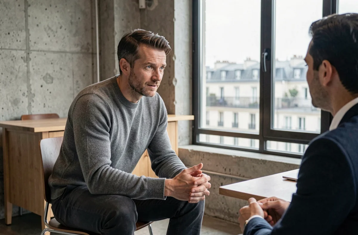 PDG d'une entreprise tech française en interview dans un espace de coworking parisien, symbolisant l'attention portée à l'image publique des entrepreneurs de la French Tech