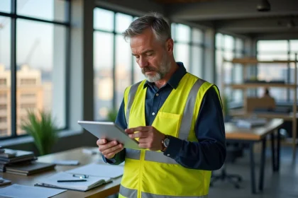 Chef de chantier homme avec tablette sur site intérieur