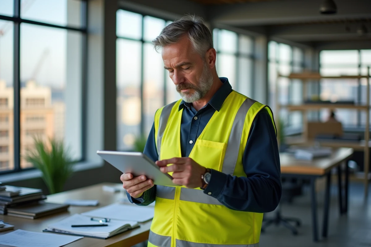 Chef de chantier homme avec tablette sur site intérieur
