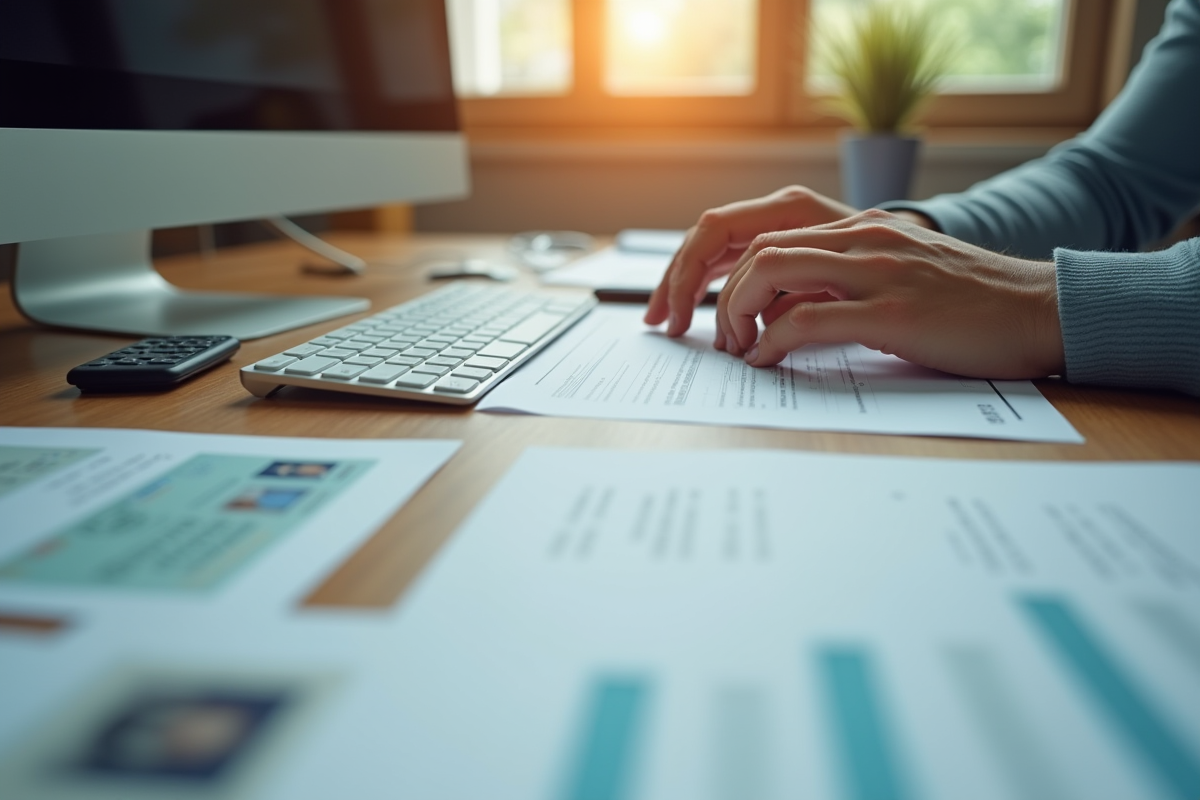 Mains tapant sur un clavier avec des documents sur un bureau lumineux
