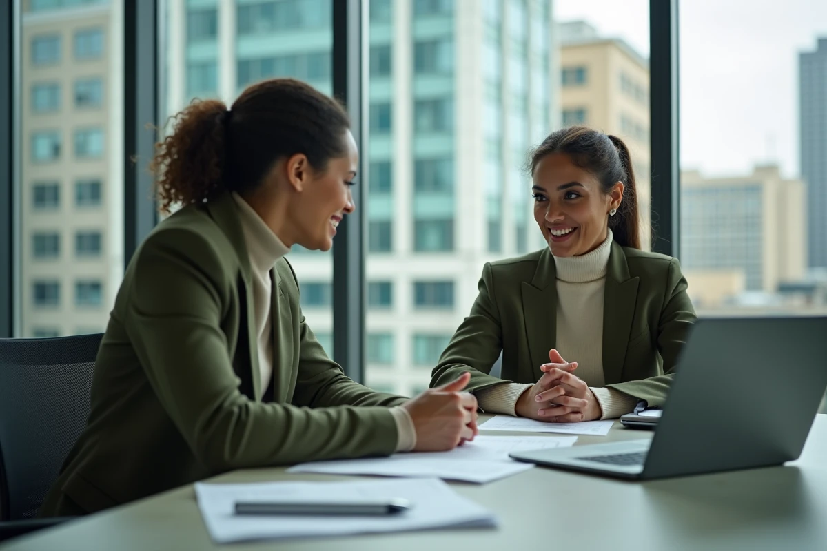 Jeune femme en entretien de coaching de carrière avec une conseillère professionnelle dans une salle de réunion vitrée