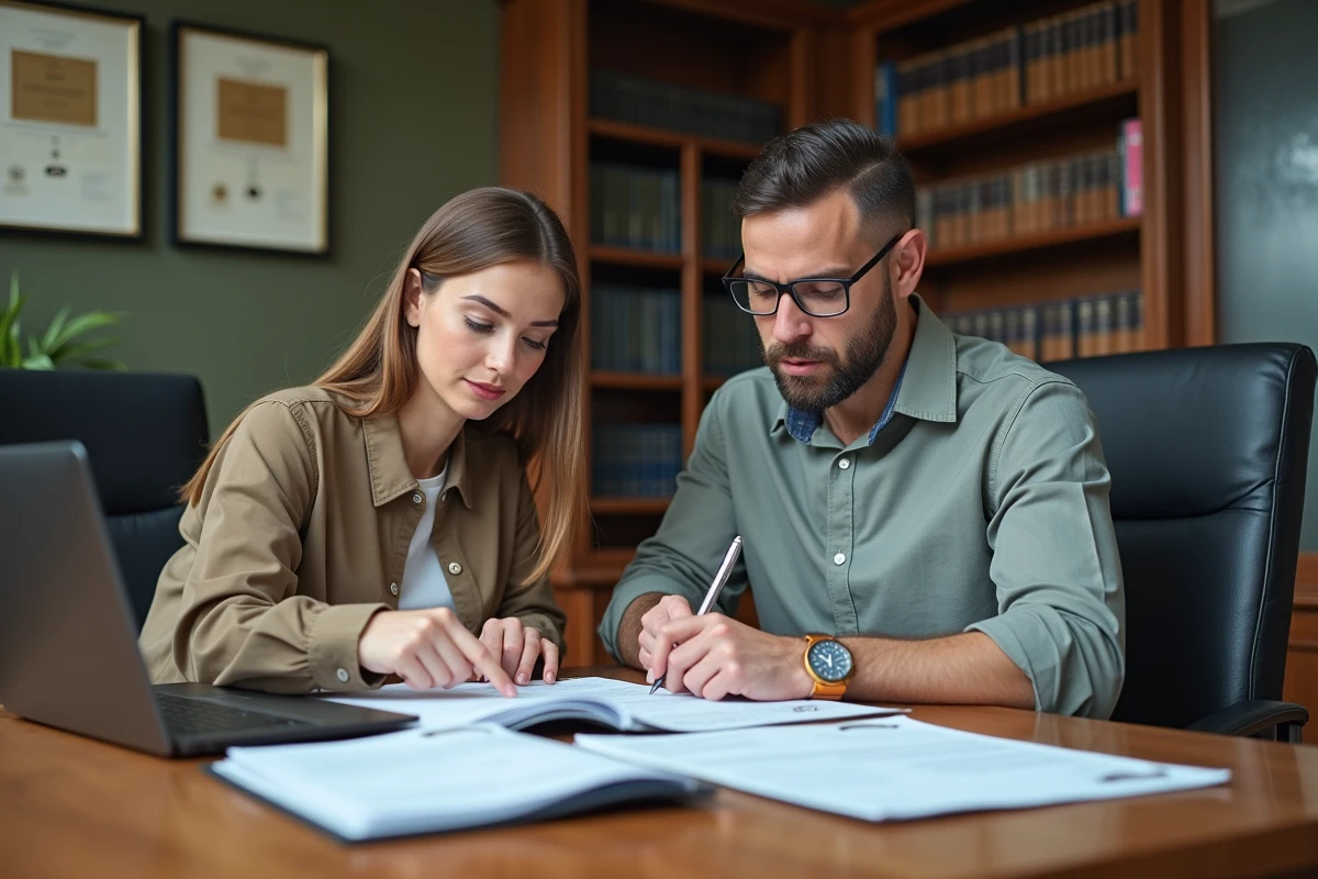 Deux professionnels collaborant sur des documents de conformité réglementaire et de gestion des risques dans un bureau spécialisé