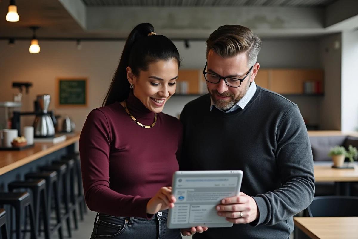 Deux collègues collaborant sur la gestion des abonnements et mises à jour via une plateforme CegidLife sur tablette