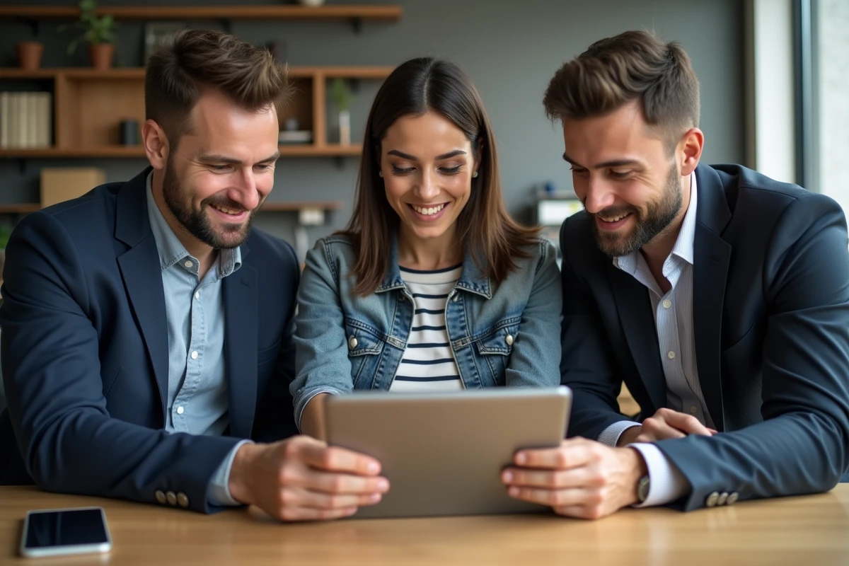 Groupe de collègues découvrant ensemble les offres de leur plateforme d'avantages salariés sur une tablette