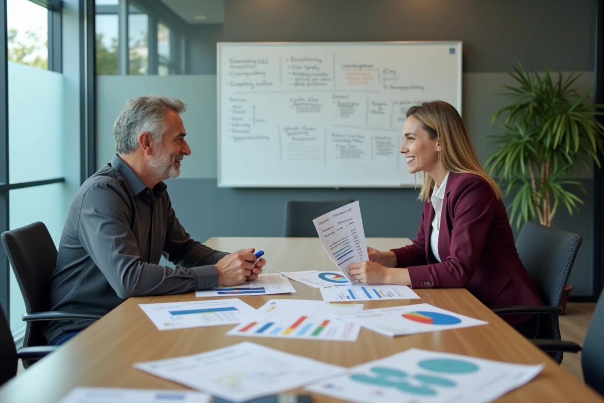 Deux professionnels comparant les performances de vente directe et de téléprospection autour d'une table de réunion