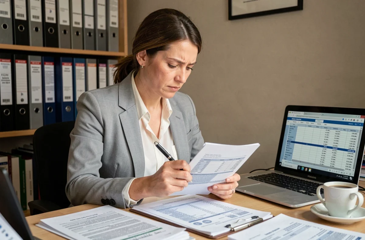 Comptable analysant des fiches de paie et documents salariaux lors d'une fermeture administrative d'entreprise