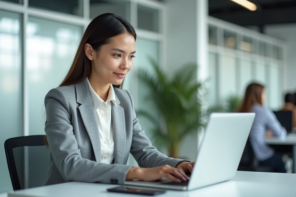 Femme professionnelle connectée à son espace personnel MyPeopleDoc sur un ordinateur portable dans un bureau moderne