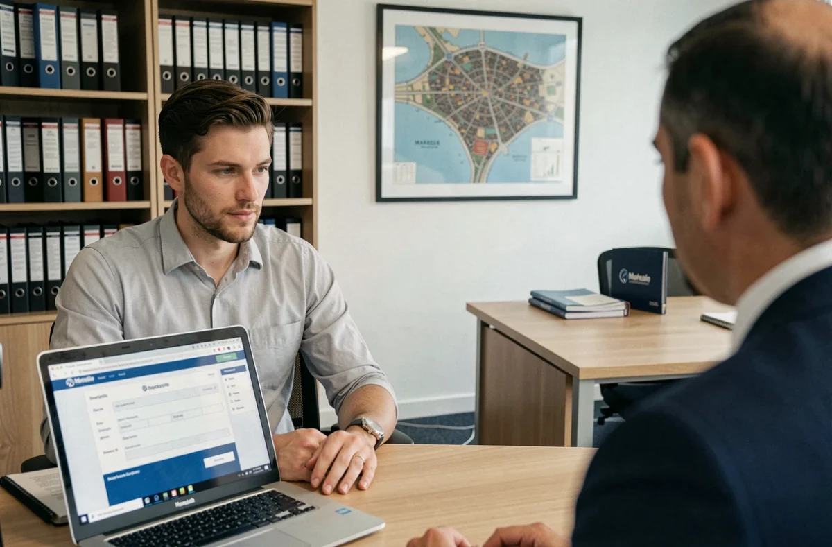 Entrepreneur en rendez-vous avec un conseiller pour domicilier son entreprise à Marseille