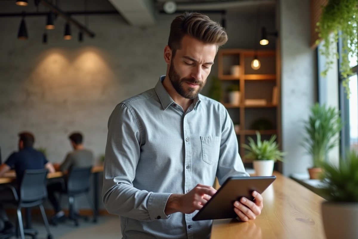 Conseiller professionnel accédant à l'espace pro AKEO via une tablette dans un espace de coworking