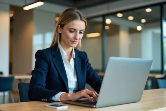 Conseillère professionnelle utilisant l'espace client AKEO sur son ordinateur portable dans un bureau moderne