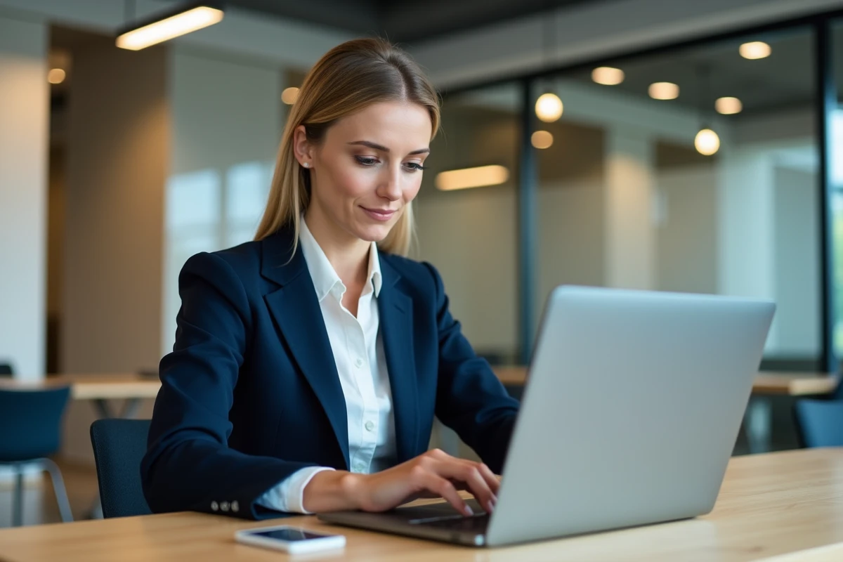 Conseillère professionnelle utilisant l'espace client AKEO sur son ordinateur portable dans un bureau moderne