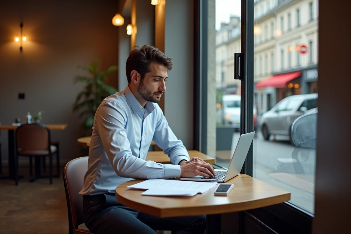 Jeune consultant travaillant dans un café parisien