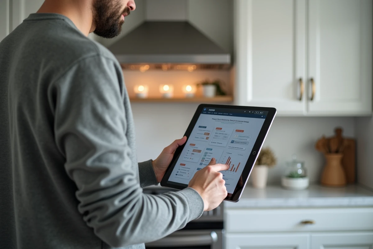 Homme consultant PartyLite consultant son espace professionnel sur tablette dans une cuisine moderne