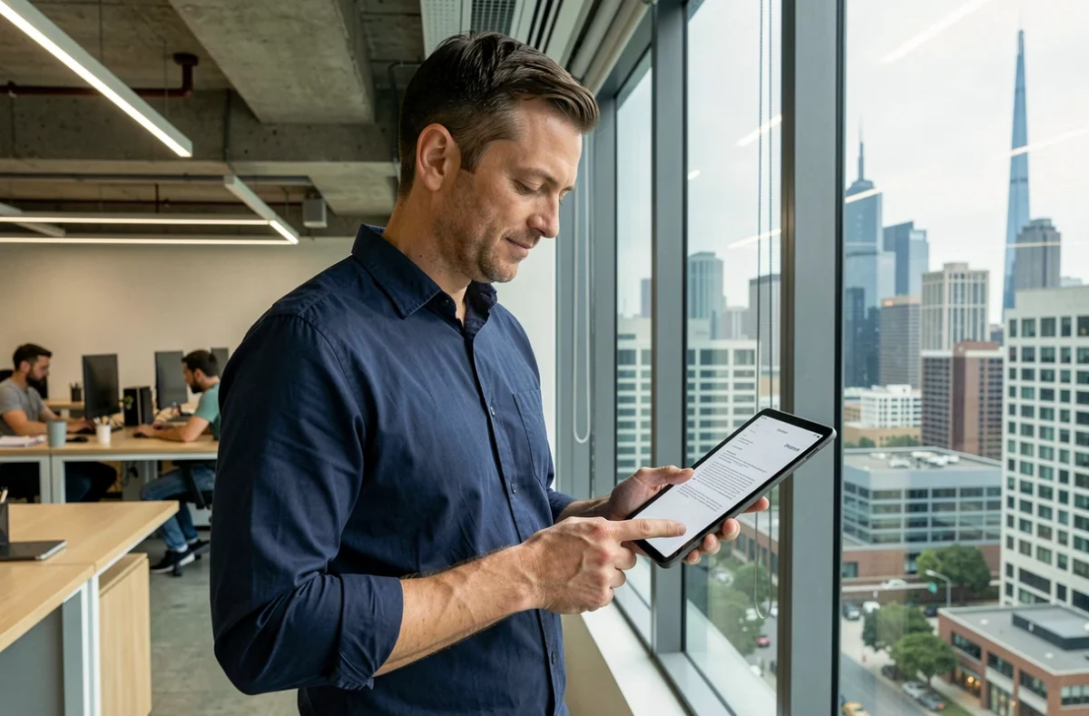 Consultant en portage salarial travaillant dans un espace de coworking international, examinant un contrat sur une tablette