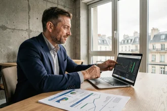 Consultant SEO à Rennes analysant des données de référencement naturel sur son ordinateur portable dans un bureau moderne