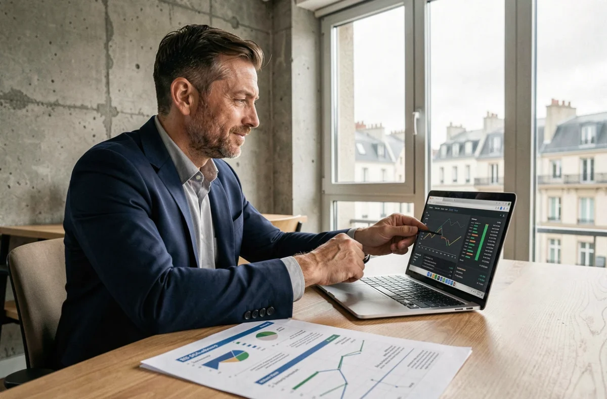Consultant SEO à Rennes analysant des données de référencement naturel sur son ordinateur portable dans un bureau moderne