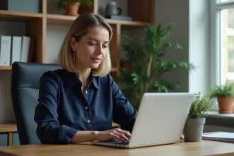Femme consultante PartyLite comparant deux espaces en ligne sur un ordinateur portable dans un bureau à domicile