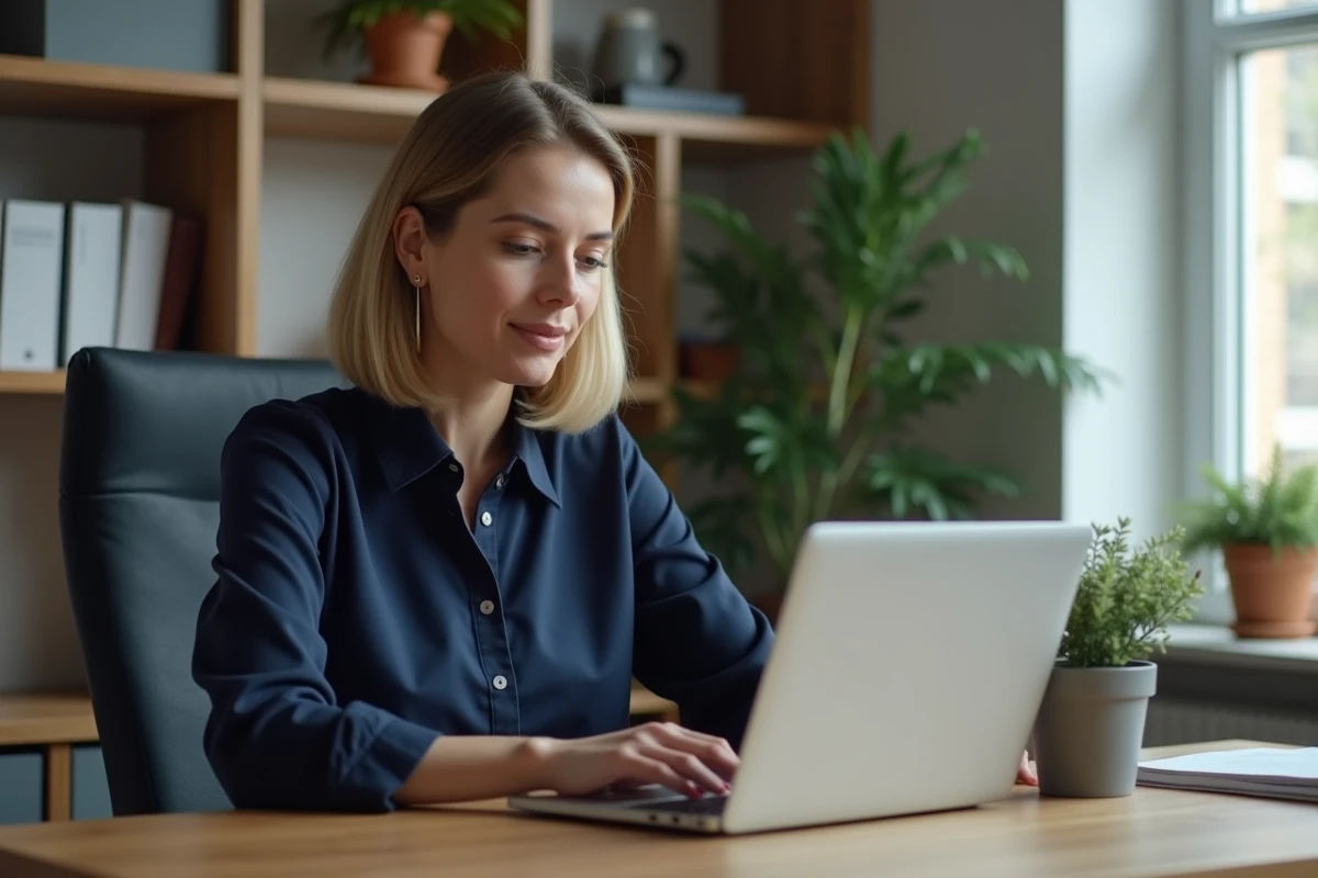 Femme consultante PartyLite comparant deux espaces en ligne sur un ordinateur portable dans un bureau à domicile