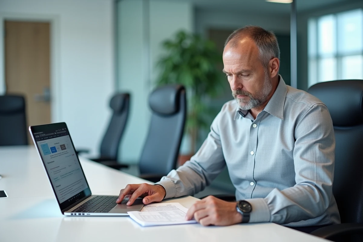 Professionnel consultant un contrat et une interface de support logiciel sur CegidLife en salle de réunion