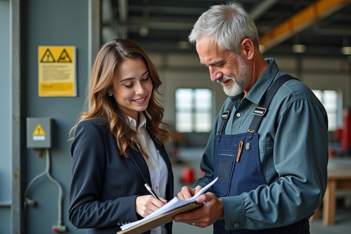 Femme professionnelle et ouvrier vérifiant une checklist de sécurité