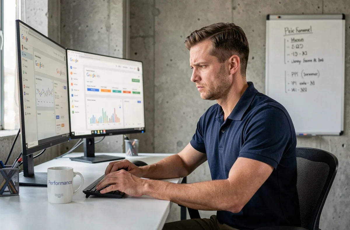 Stratège Google Ads de l'agence Convertix analysant des métriques de performance sur écrans doubles dans un bureau moderne