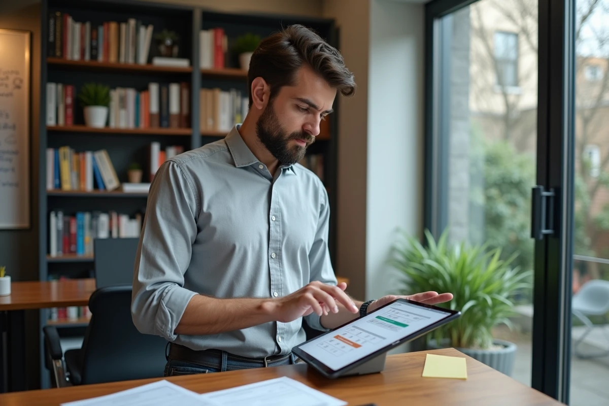 Coordinateur de formation organisant des salles et des participants sur une tablette avec un logiciel de planification Agendis