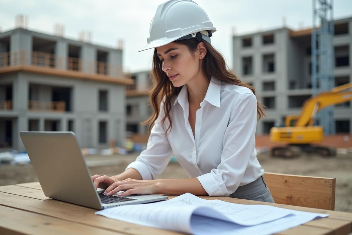 Coordinatrice de projet femme avec plans et ordinateur