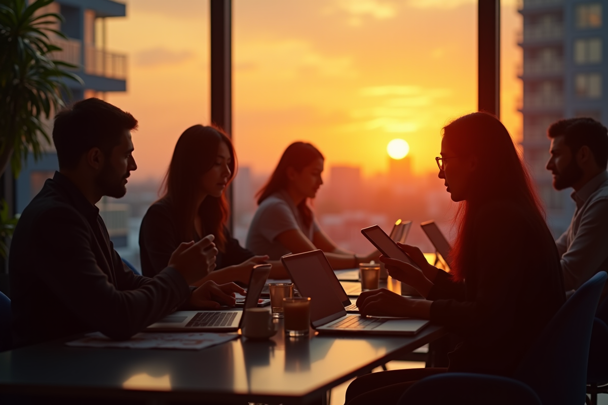 Groupe en coworking au coucher du soleil avec silhouettes et appareils