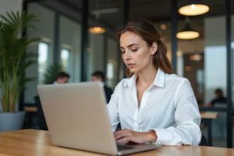 Créatrice d'entreprise consultant un magazine business en ligne sur son ordinateur dans un espace de coworking moderne