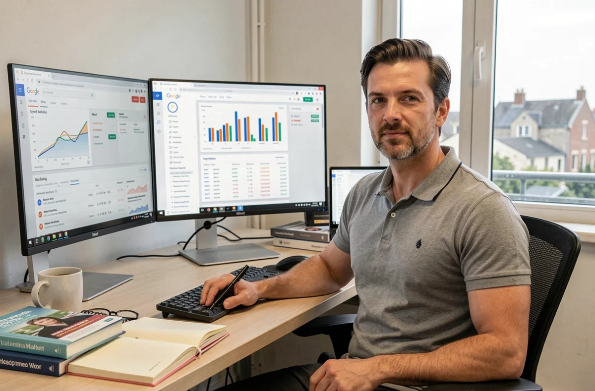 Spécialiste SEO de l'agence Cyberscope à Niort analysant les performances d'un site web sur des tableaux de bord numériques