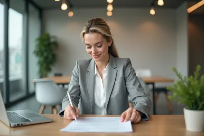 Femme cadre relisant une demande de rupture conventionnelle à son bureau dans un open-space professionnel