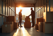 Deux déménageurs dans un camion organisant des cartons