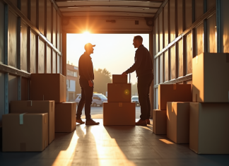 Astuces pour optimiser le chargement de votre camion de transport Deux déménageurs dans un camion organisant des cartons