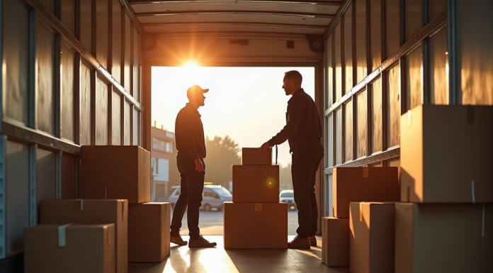 Deux déménageurs dans un camion organisant des cartons