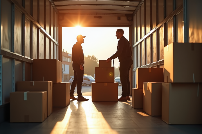 Deux déménageurs dans un camion organisant des cartons