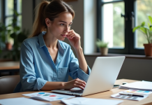 Jeune femme créant un flyer sur son ordinateur dans un studio créatif