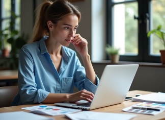 Jeune femme créant un flyer sur son ordinateur dans un studio créatif