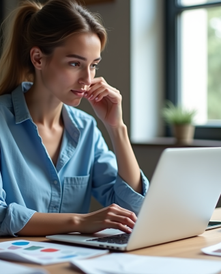 Jeune femme créant un flyer sur son ordinateur dans un studio créatif