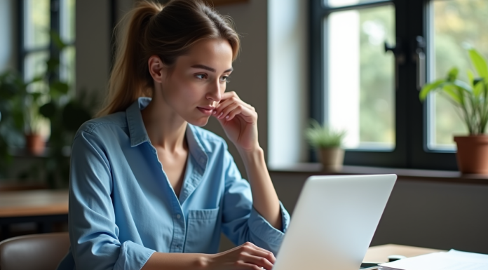 Jeune femme créant un flyer sur son ordinateur dans un studio créatif