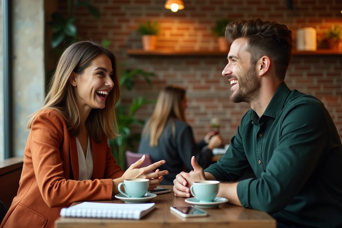 Deux créateurs d'entreprise discutant d'un article de magazine business autour d'un café dans un environnement de travail informel