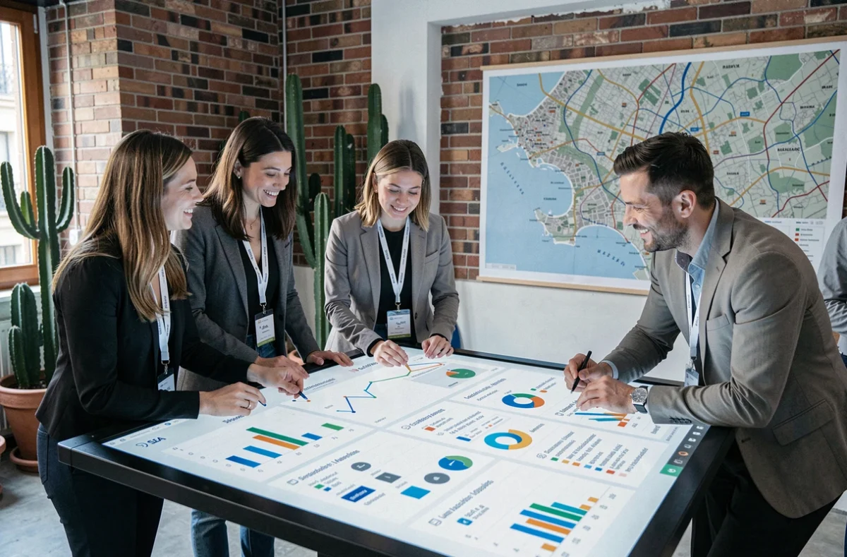 Équipe de l'agence Digimood à Marseille analysant des données SEA et des segments d'audience sur une table interactive