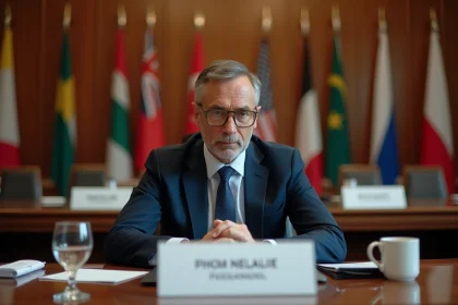 Diplomate en costume navy lors d'une réunion officielle