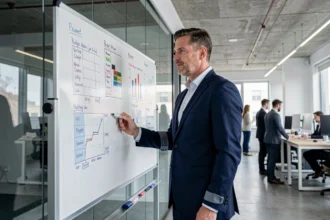 Directeur marketing analysant la répartition budgétaire entre agences média traditionnelles et agence programmatique Maxus dans un bureau moderne
